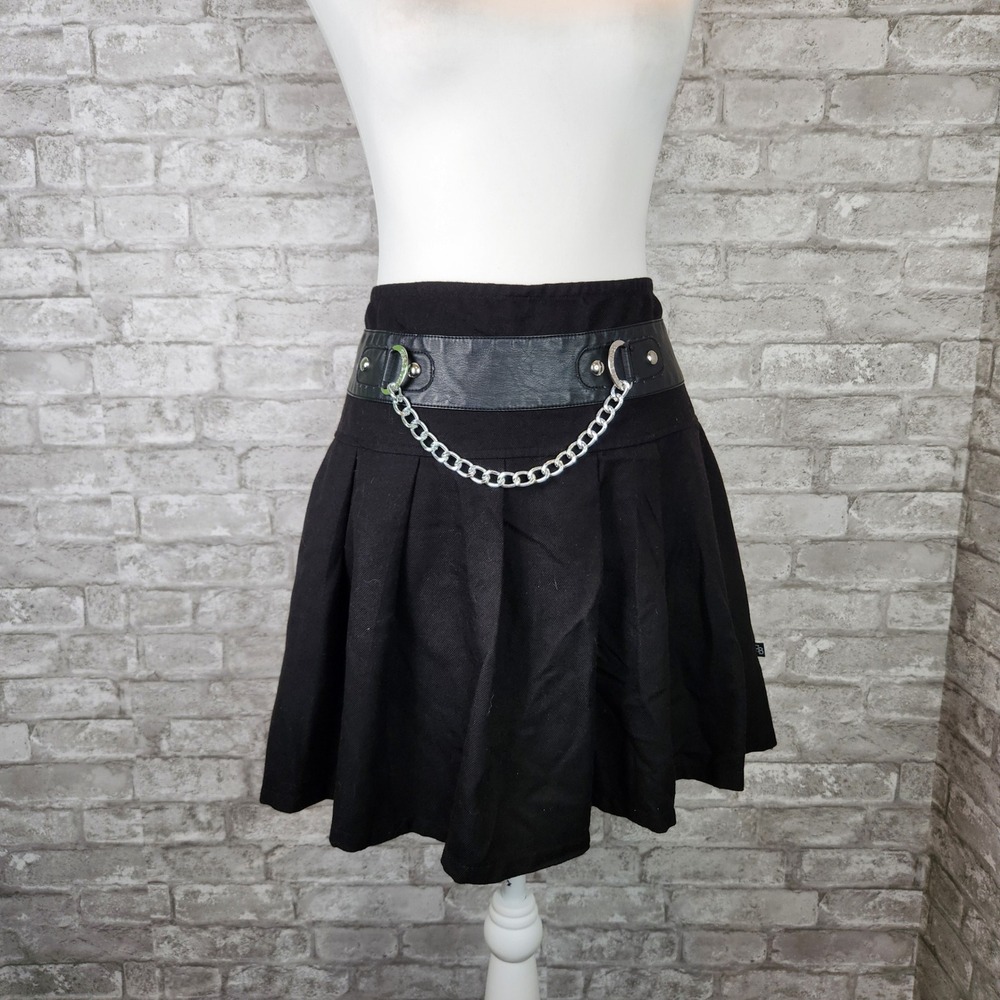 Royal Bones Mini Pleated Skirt Black Faux Leather Chain Belt Goth Punk XL
